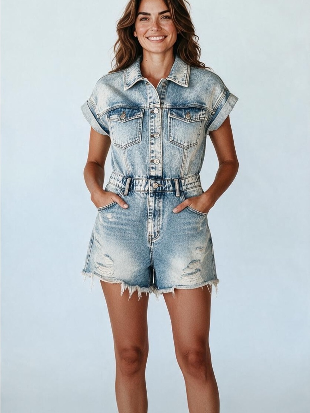 Ensemble Denim Romper Small Acid Wash Distressed Frayed Jean Shorts